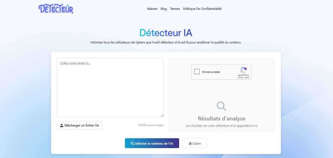 Détecteur IA application interface and features