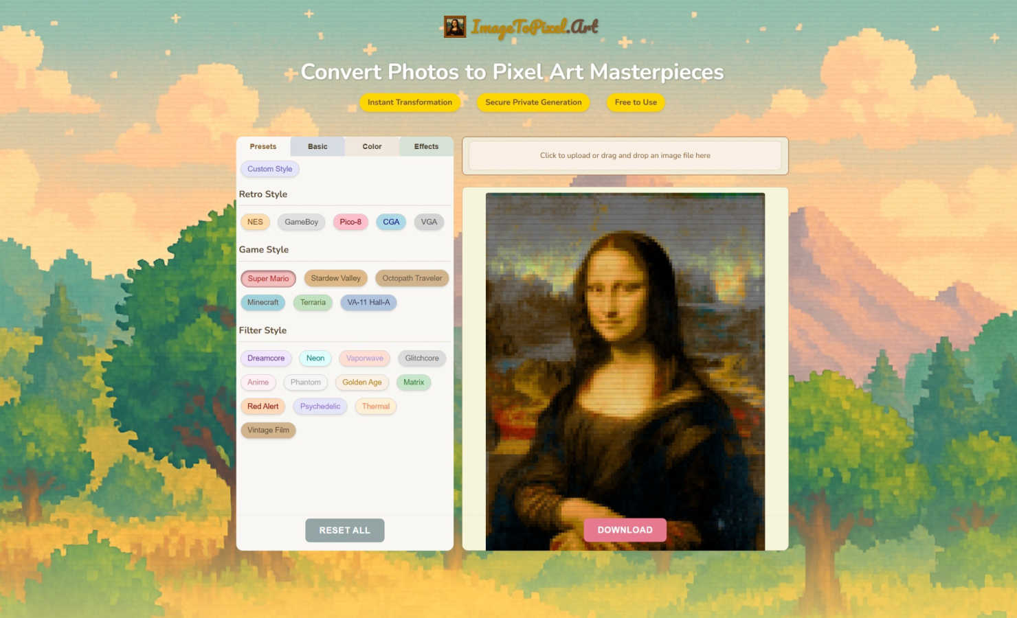 Imagetopixel - Convert Images to Pixel Art application interface and features