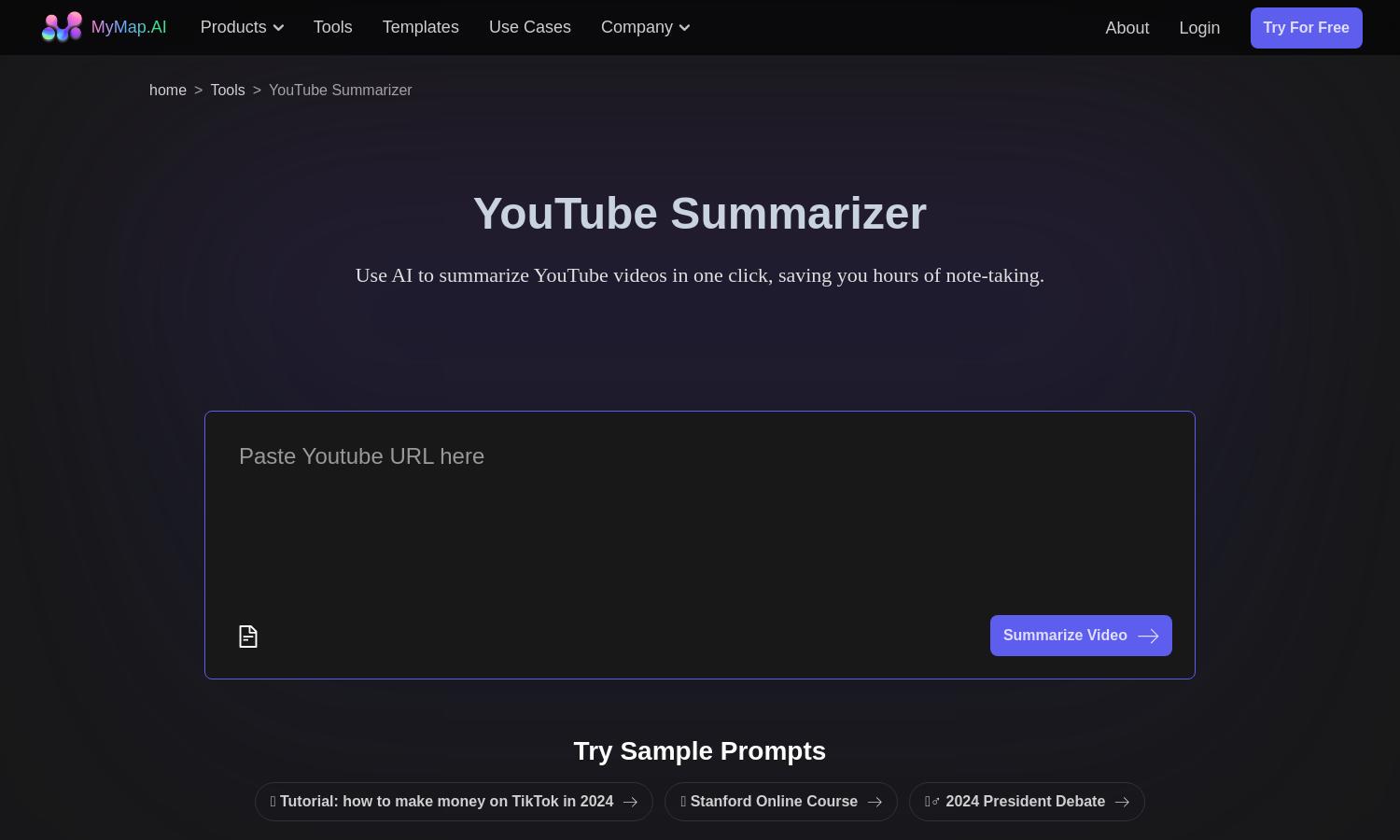 MyMap.AI YouTube Summarizer Website